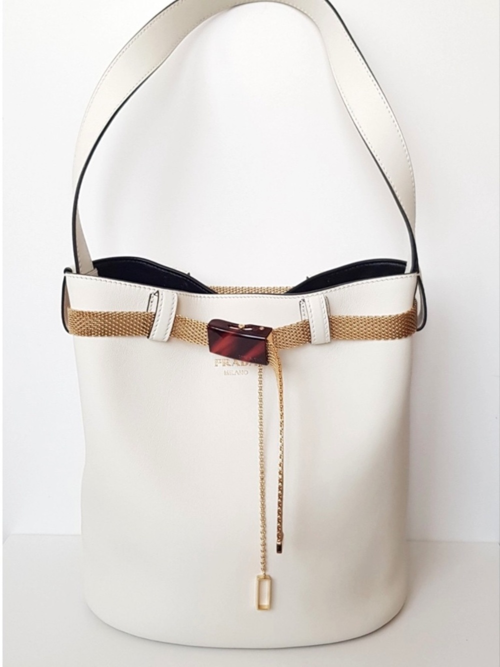 Prada Buckle Leather Bucket Bag with Jeweled Belt MSRP $4,900